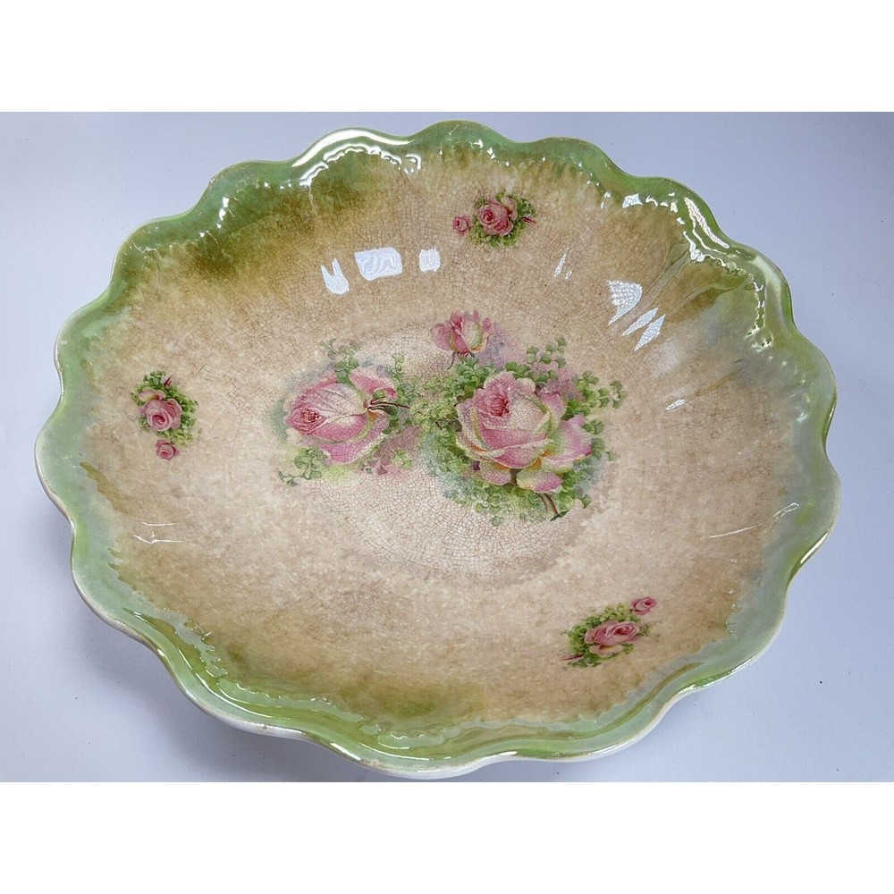 Vintage Unmarked Pink Roses Large Centerpiece Console Bowl
